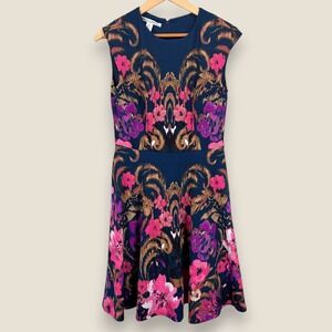 Maggy London Fit Flare Dress Womens 8 Blue Pink Floral Abstract Cap Sleeve Party